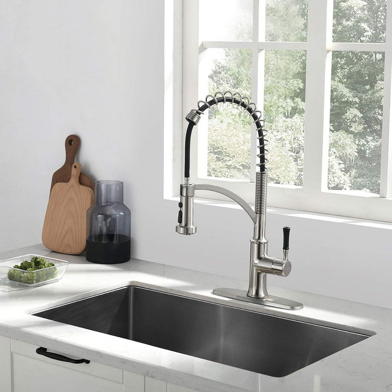 GUUKAR Kitchen Faucet with Pull Down Sprayer, Single Handle Brushed Nickel High Arc Commercial Farmhouse Kitchen Sink Faucet with Deck Plate - Image 2